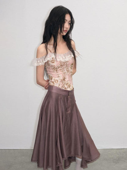 lvetong Lace Ruched A Line Mid Waist Loose Street Sporty Casual Young Women Midi Skirts