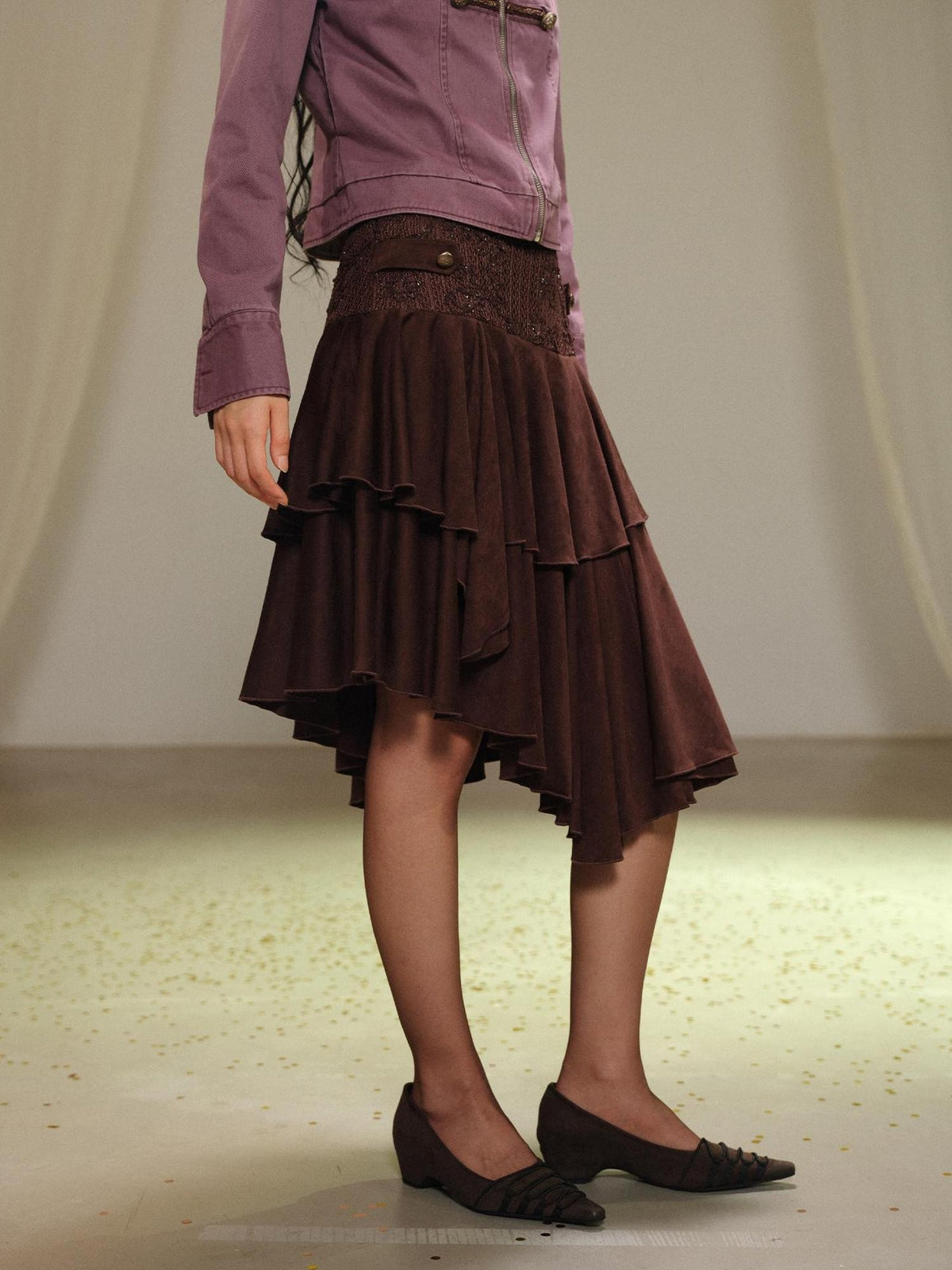 lvetong Lace Spliced Asymmetric Tiered Cake Midi Skirts Women&