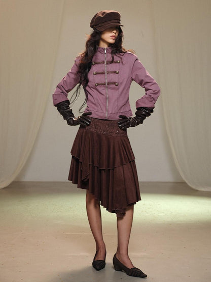 lvetong Lace Spliced Asymmetric Tiered Cake Midi Skirts Women&