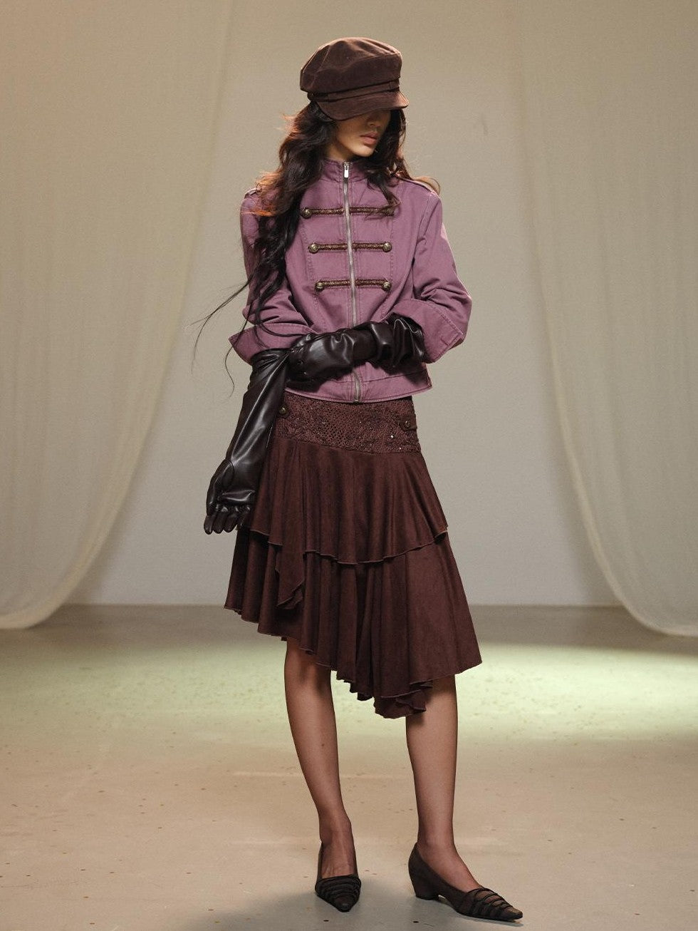 lvetong Lace Spliced Asymmetric Tiered Cake Midi Skirts Women&