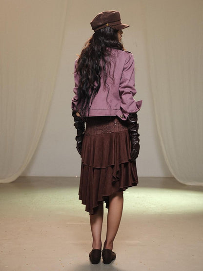 lvetong Lace Spliced Asymmetric Tiered Cake Midi Skirts Women&