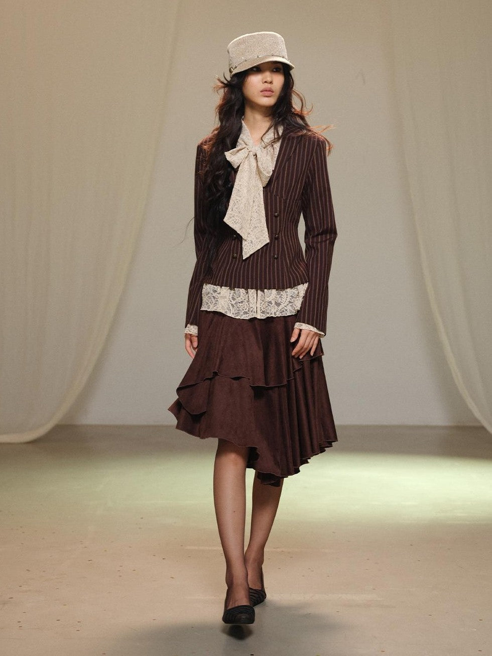 lvetong Lace Spliced Asymmetric Tiered Cake Midi Skirts Women&