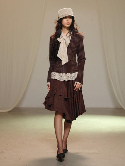 lvetong Lace Spliced Asymmetric Tiered Cake Midi Skirts Women&