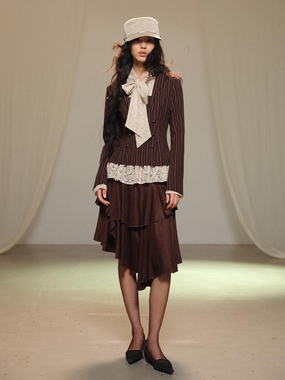 lvetong Lace Spliced Asymmetric Tiered Cake Midi Skirts Women&