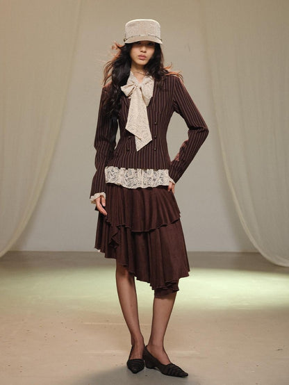 lvetong Lace Spliced Asymmetric Tiered Cake Midi Skirts Women&