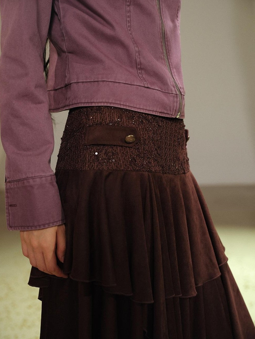 lvetong Lace Spliced Asymmetric Tiered Cake Midi Skirts Women&