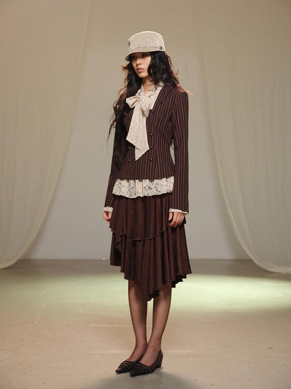 lvetong Lace Spliced Asymmetric Tiered Cake Midi Skirts Women&