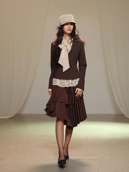lvetong Lace Spliced Asymmetric Tiered Cake Midi Skirts Women&