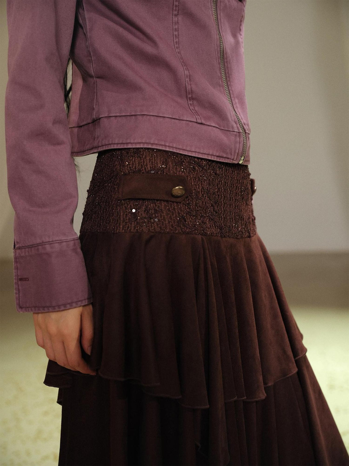 lvetong Lace Spliced Asymmetric Tiered Cake Midi Skirts Women&