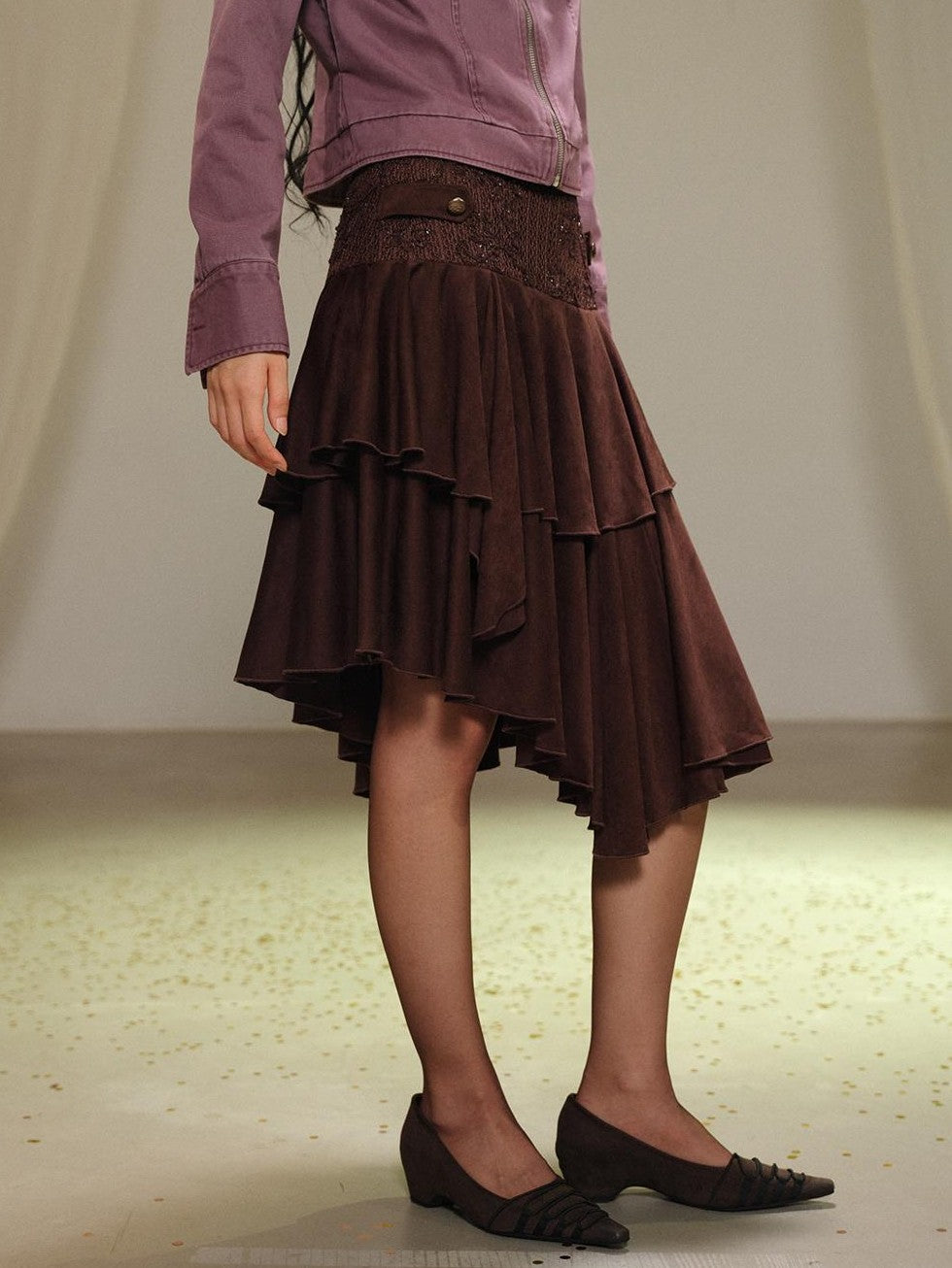 lvetong Lace Spliced Asymmetric Tiered Cake Midi Skirts Women&
