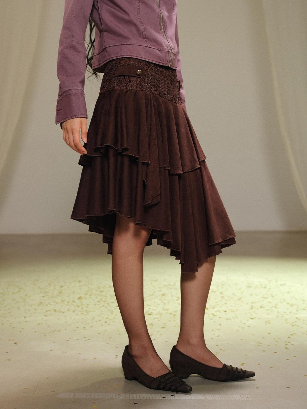 lvetong Lace Spliced Asymmetric Tiered Cake Midi Skirts Women&