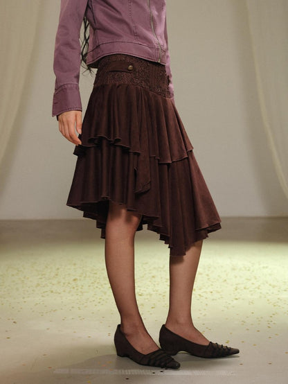 lvetong Lace Spliced Asymmetric Tiered Cake Midi Skirts Women&