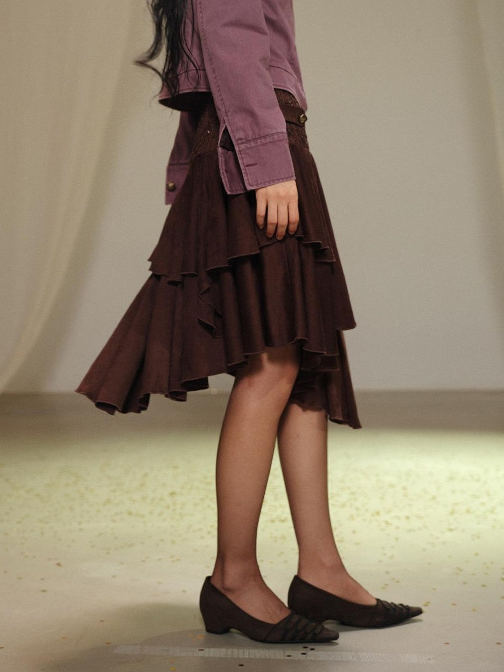 lvetong Lace Spliced Asymmetric Tiered Cake Midi Skirts Women&