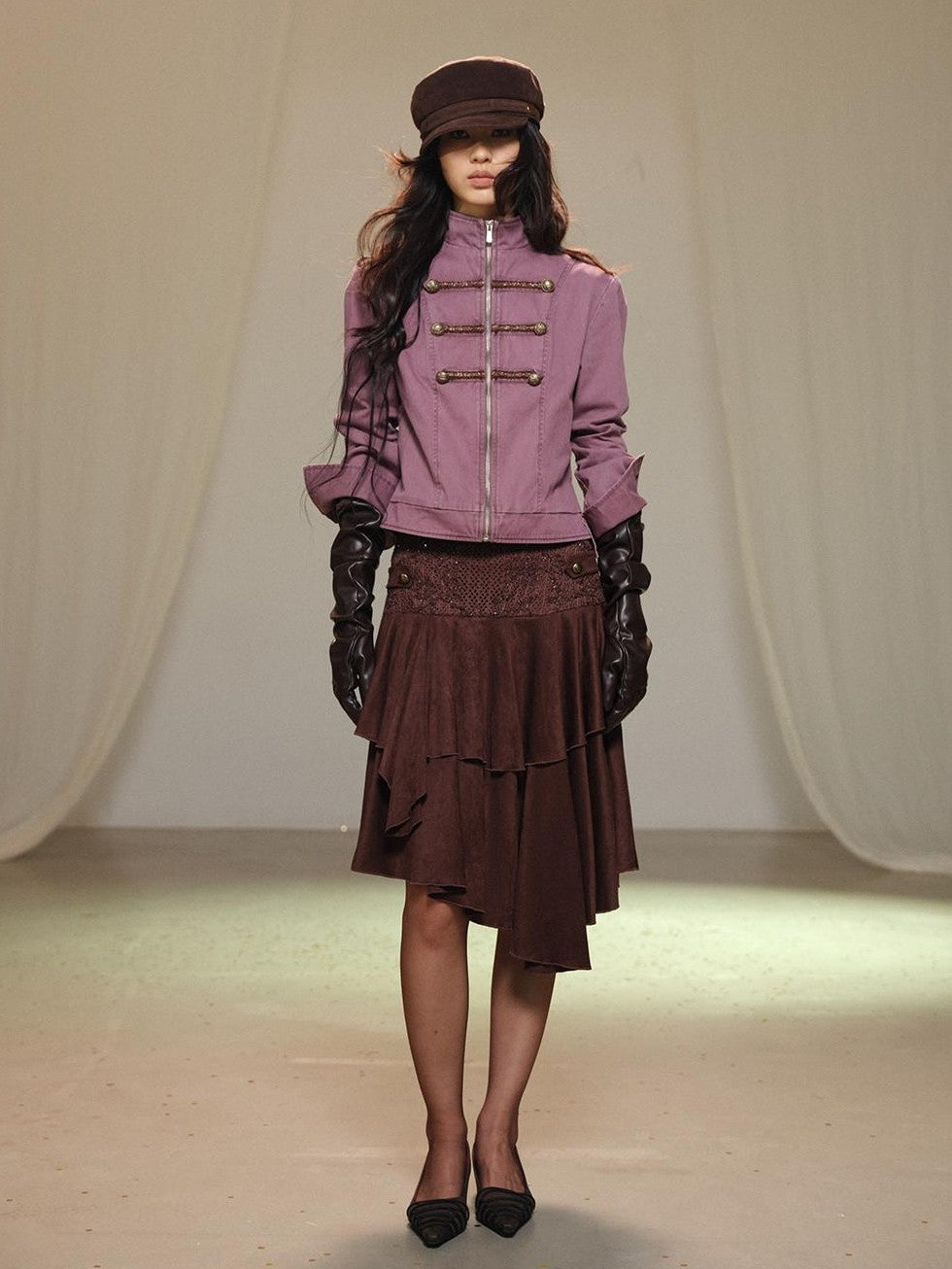 lvetong Lace Spliced Asymmetric Tiered Cake Midi Skirts Women&