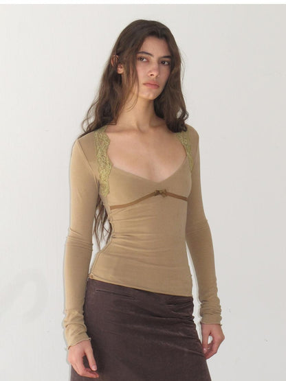 lvetong Lace V-neck Spliced Slim Fit Women&