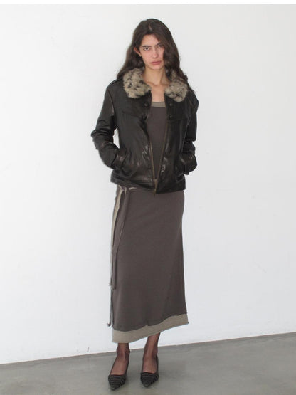 lvetong Leopard Print Fur Collar Spliced Fleece Lined Pu Women&