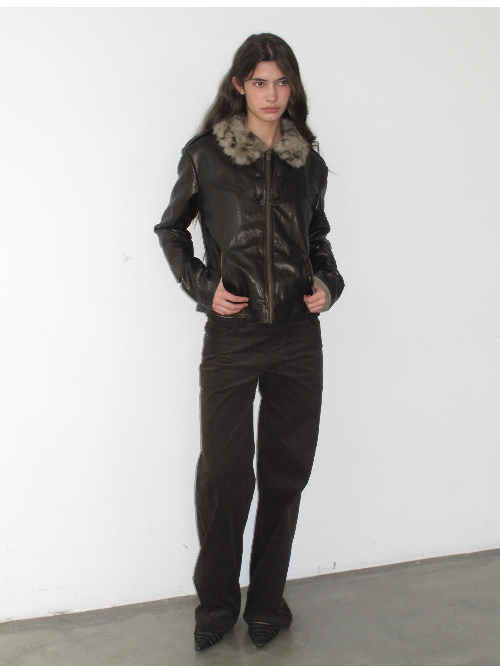 lvetong Leopard Print Fur Collar Spliced Fleece Lined Pu Women&