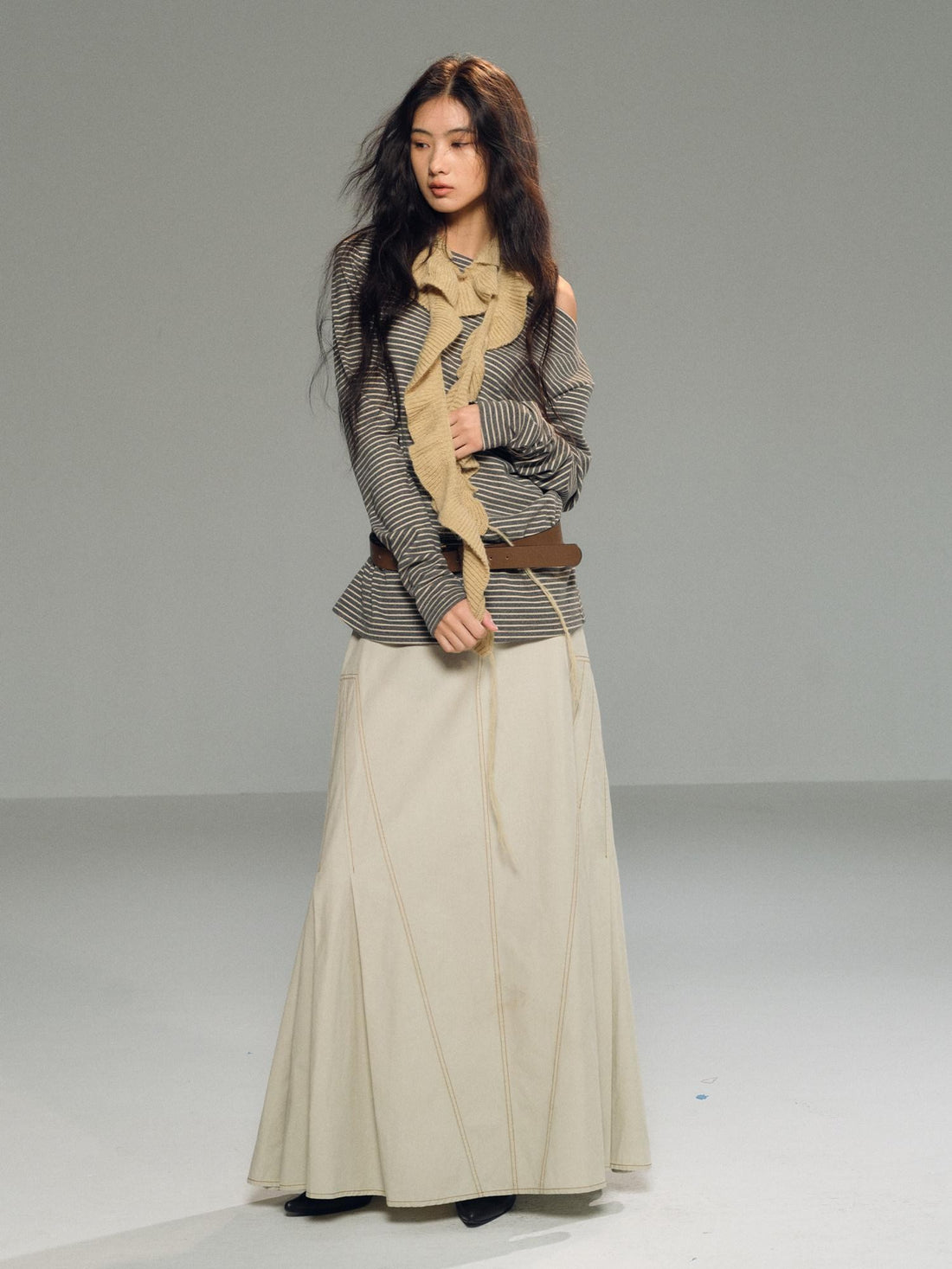 lvetong Light Khaki Side Pleated A Line Low Waist Loose Women&