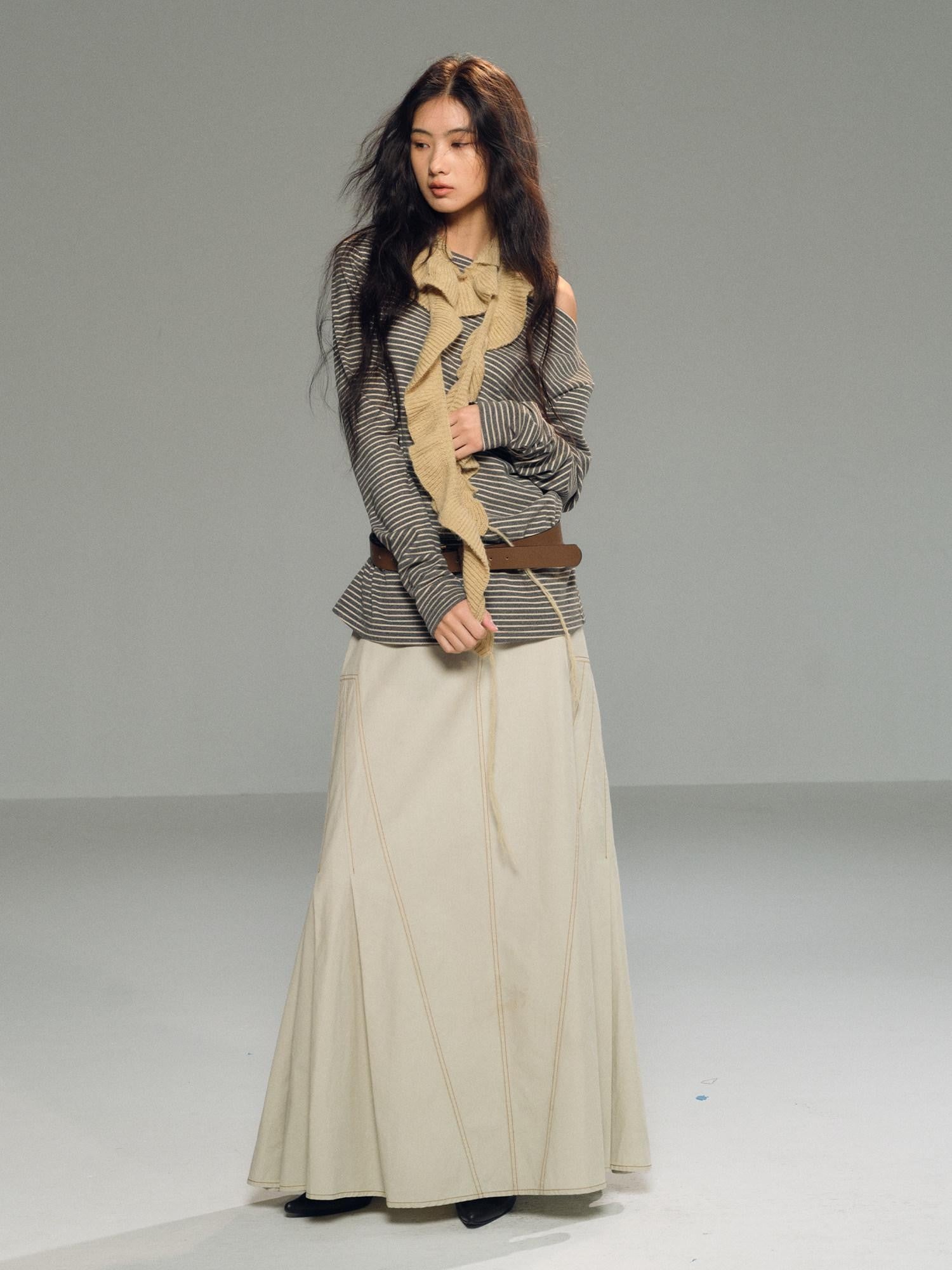 lvetong Light Khaki Side Pleated A Line Low Waist Loose Women&