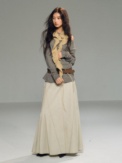 lvetong Light Khaki Side Pleated A Line Low Waist Loose Women&
