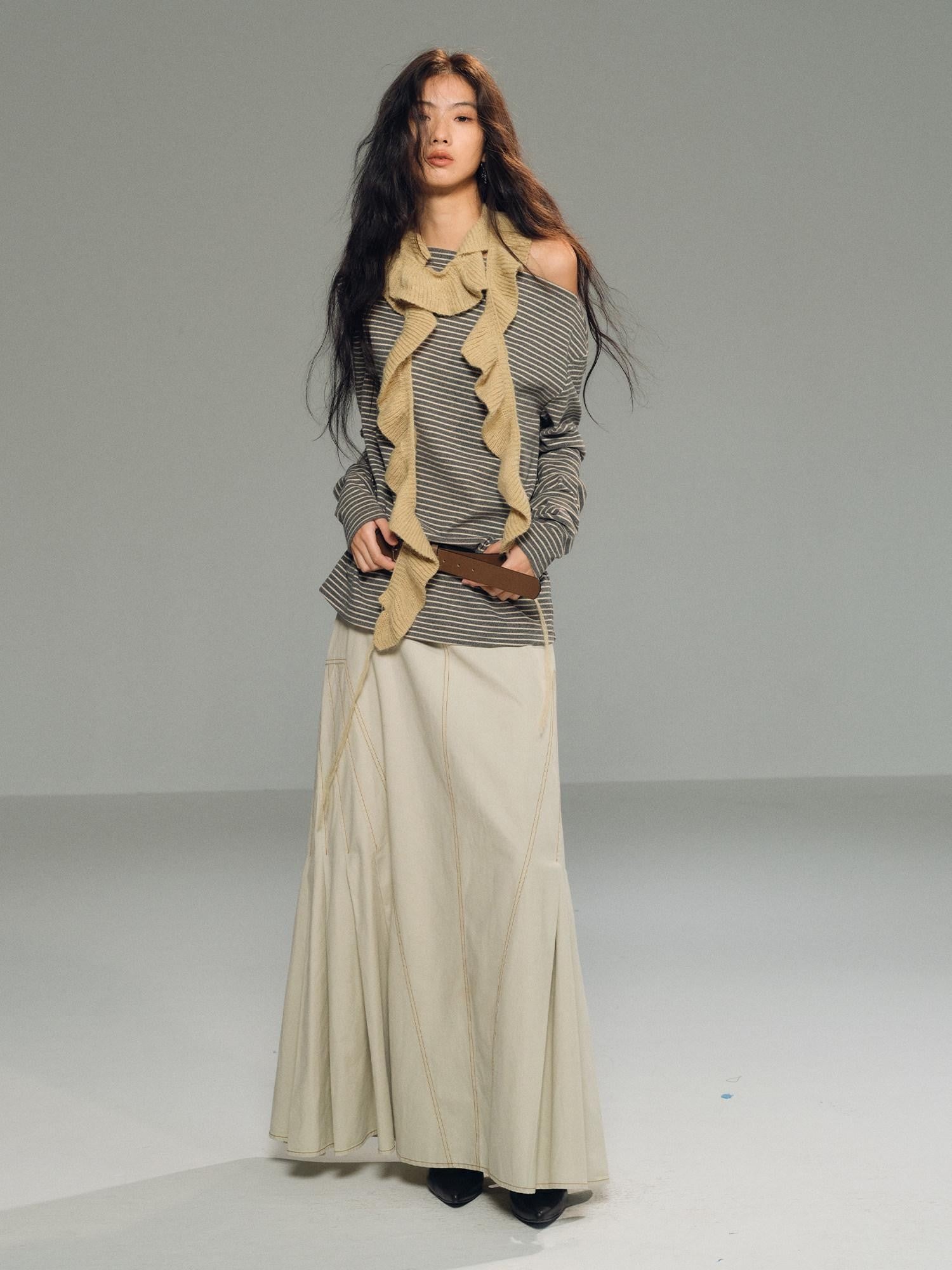 lvetong Light Khaki Side Pleated A Line Low Waist Loose Women&