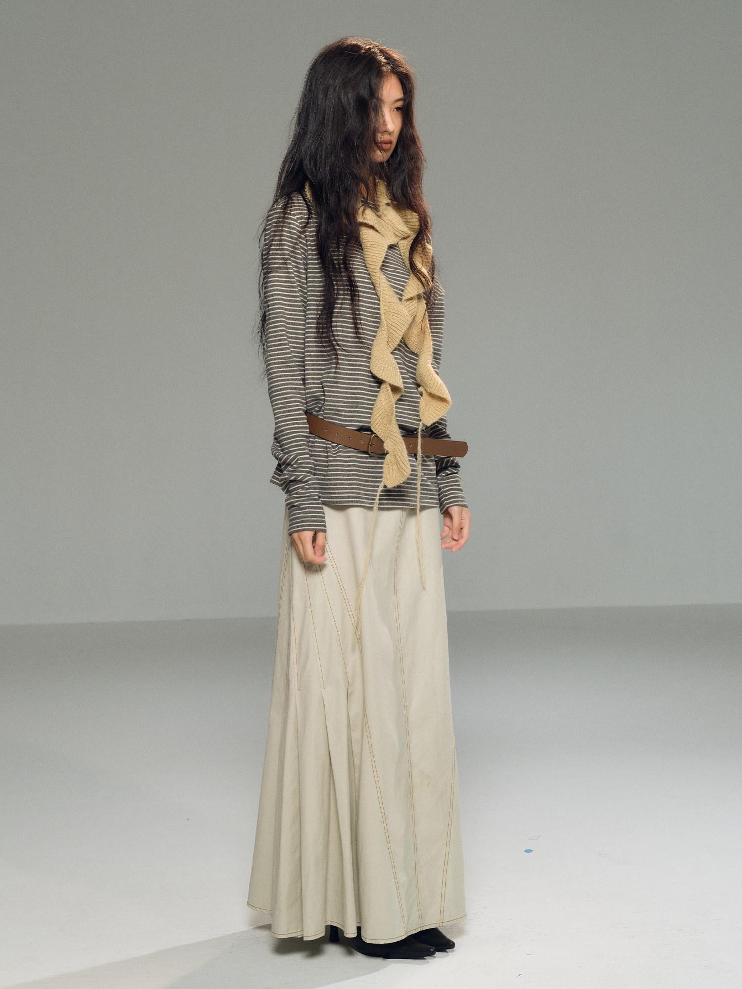 lvetong Light Khaki Side Pleated A Line Low Waist Loose Women&
