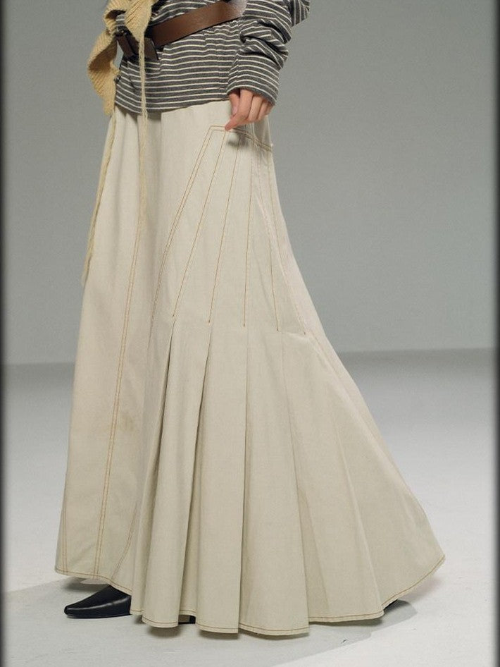 lvetong Light Khaki Side Pleated A Line Low Waist Loose Women&