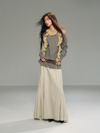 lvetong Light Khaki Side Pleated A Line Low Waist Loose Women&
