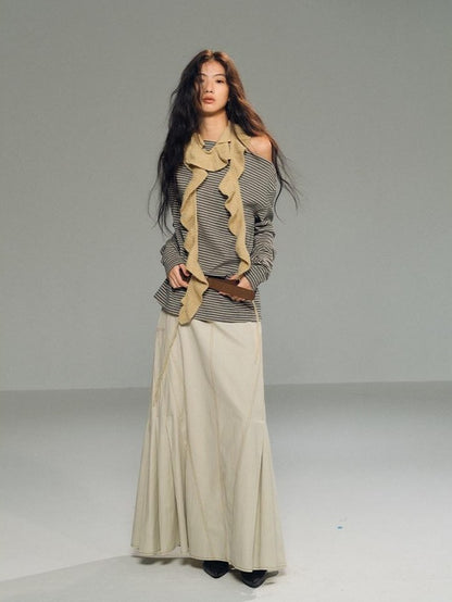 lvetong Light Khaki Side Pleated A Line Low Waist Loose Women&