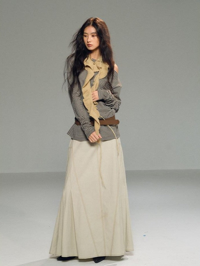 lvetong Light Khaki Side Pleated A Line Low Waist Loose Women&