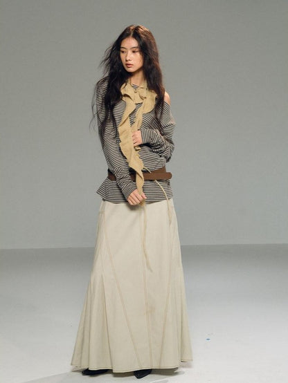 lvetong Light Khaki Side Pleated A Line Low Waist Loose Women&