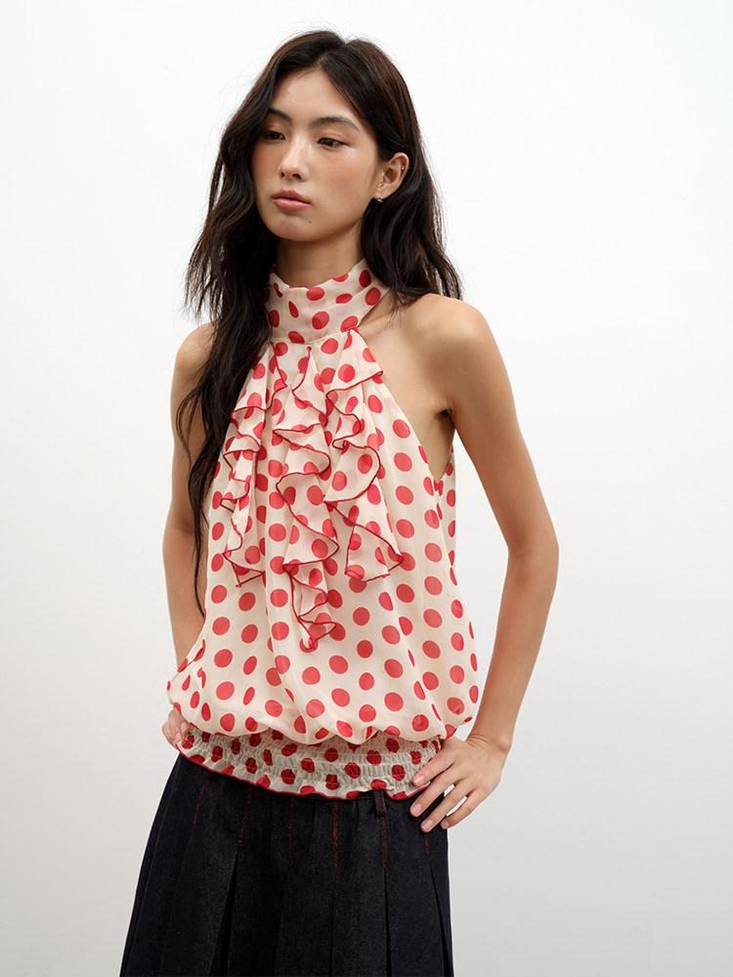 lvetong Lightweight Red Polka Dot Mock Neck Loose Street Athletic Polyester Tank Tops
