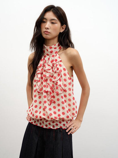 lvetong Lightweight Red Polka Dot Mock Neck Loose Street Athletic Polyester Tank Tops