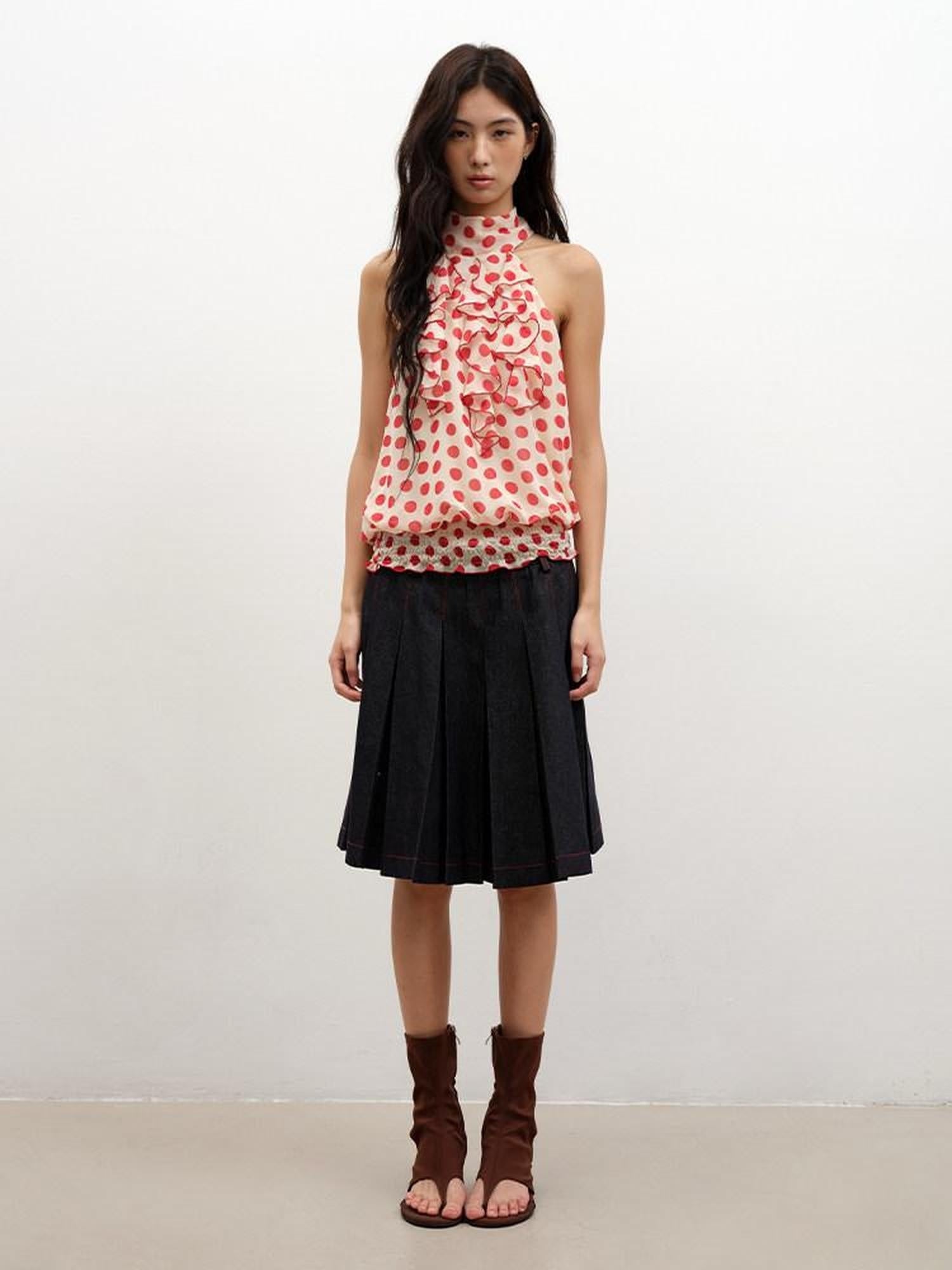 lvetong Lightweight Red Polka Dot Mock Neck Loose Street Athletic Polyester Tank Tops