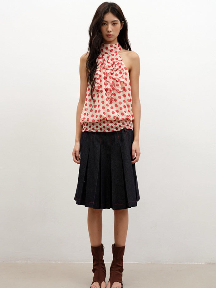 lvetong Lightweight Red Polka Dot Mock Neck Loose Street Athletic Polyester Tank Tops