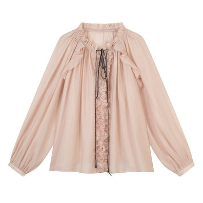 lvetong Lightweight Ruffle V-neck Street Sport Loose Fit Pink Solid Long Sleeve T-Shirts