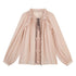 lvetong Lightweight Ruffle V-neck Street Sport Loose Fit Pink Solid Long Sleeve T-Shirts