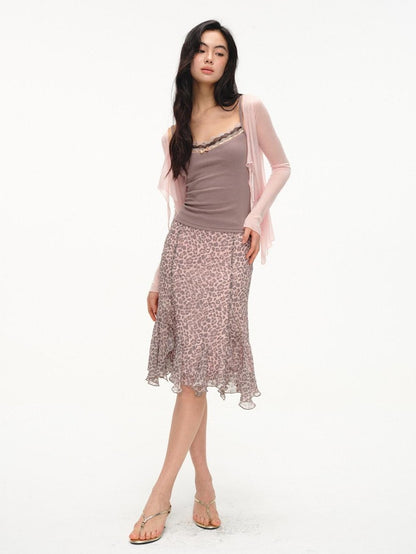 lvetong Lilac Pink Layered Lace Trim Two Piece Women&