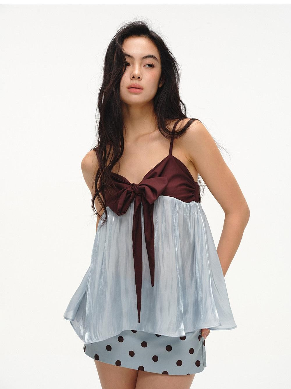 lvetong Mint Green Contrast Bow Tie Loose A Line Women&
