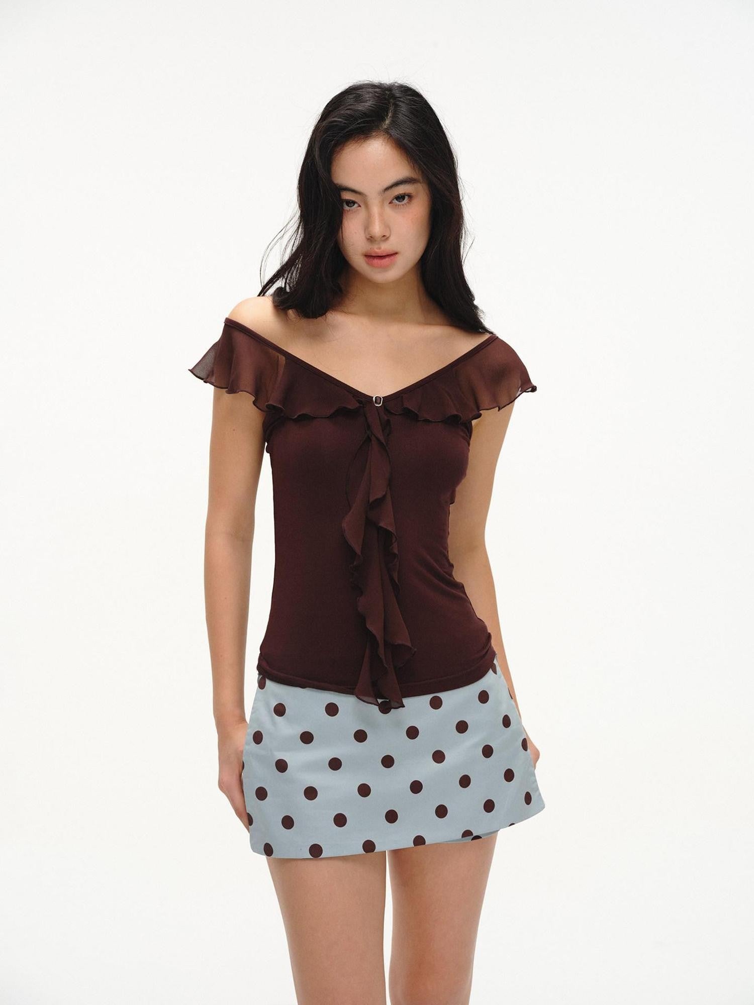 lvetong Mint Green Polka Dot Colorblock Patchwork A Line Low Waist Women&