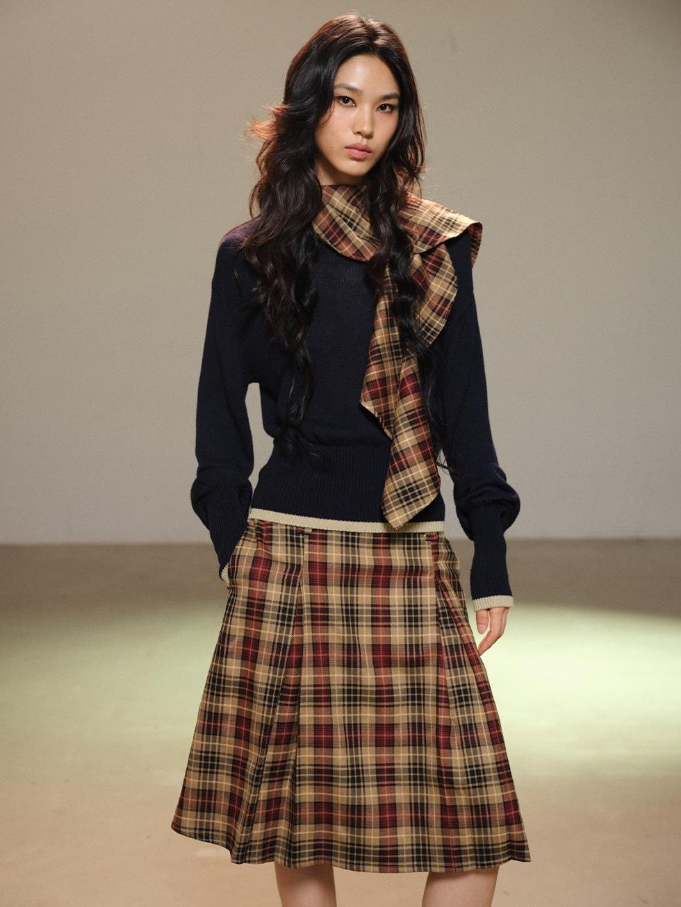 lvetong Navy Color Block Knit Waist Cinched Women&