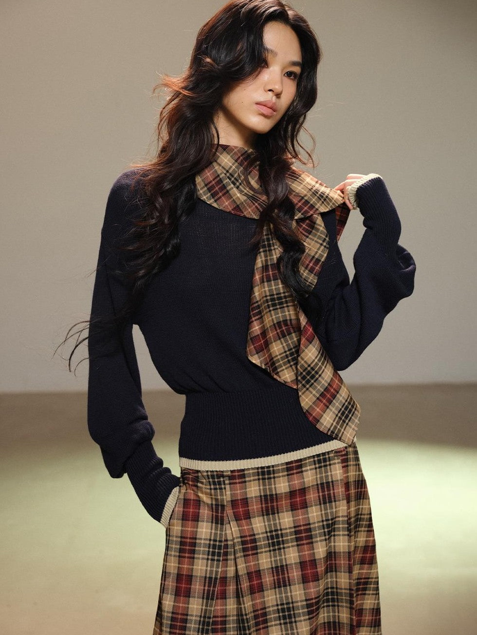 lvetong Navy Color Block Knit Waist Cinched Women&