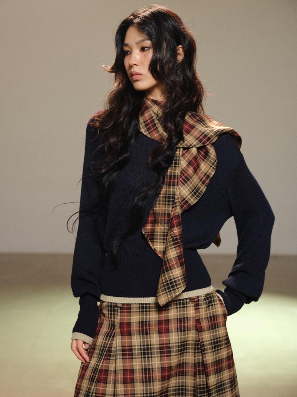lvetong Navy Color Block Knit Waist Cinched Women&
