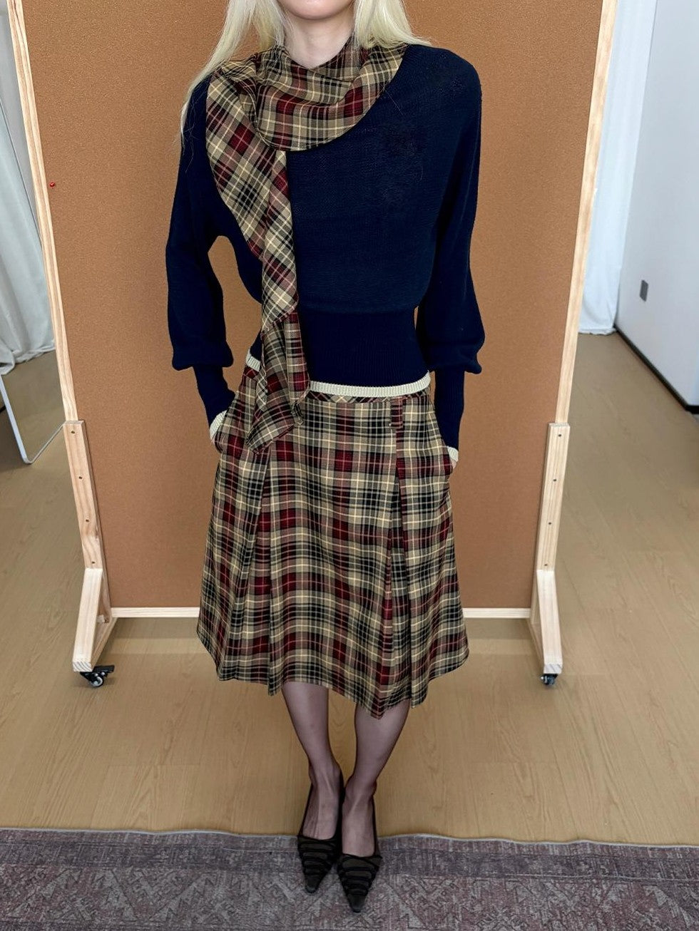 lvetong Navy Color Block Knit Waist Cinched Women&