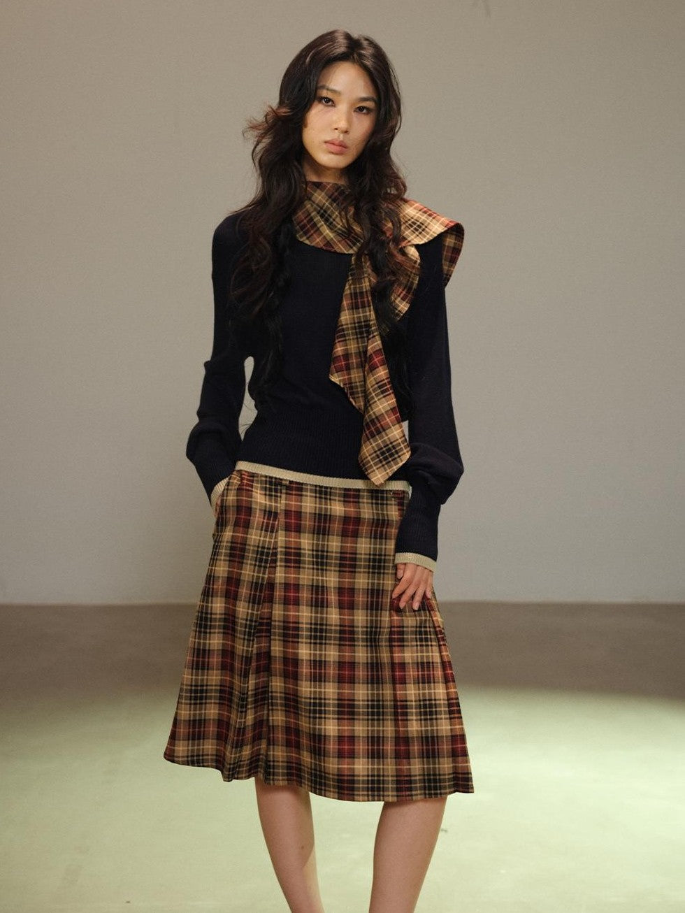 lvetong Navy Color Block Knit Waist Cinched Women&