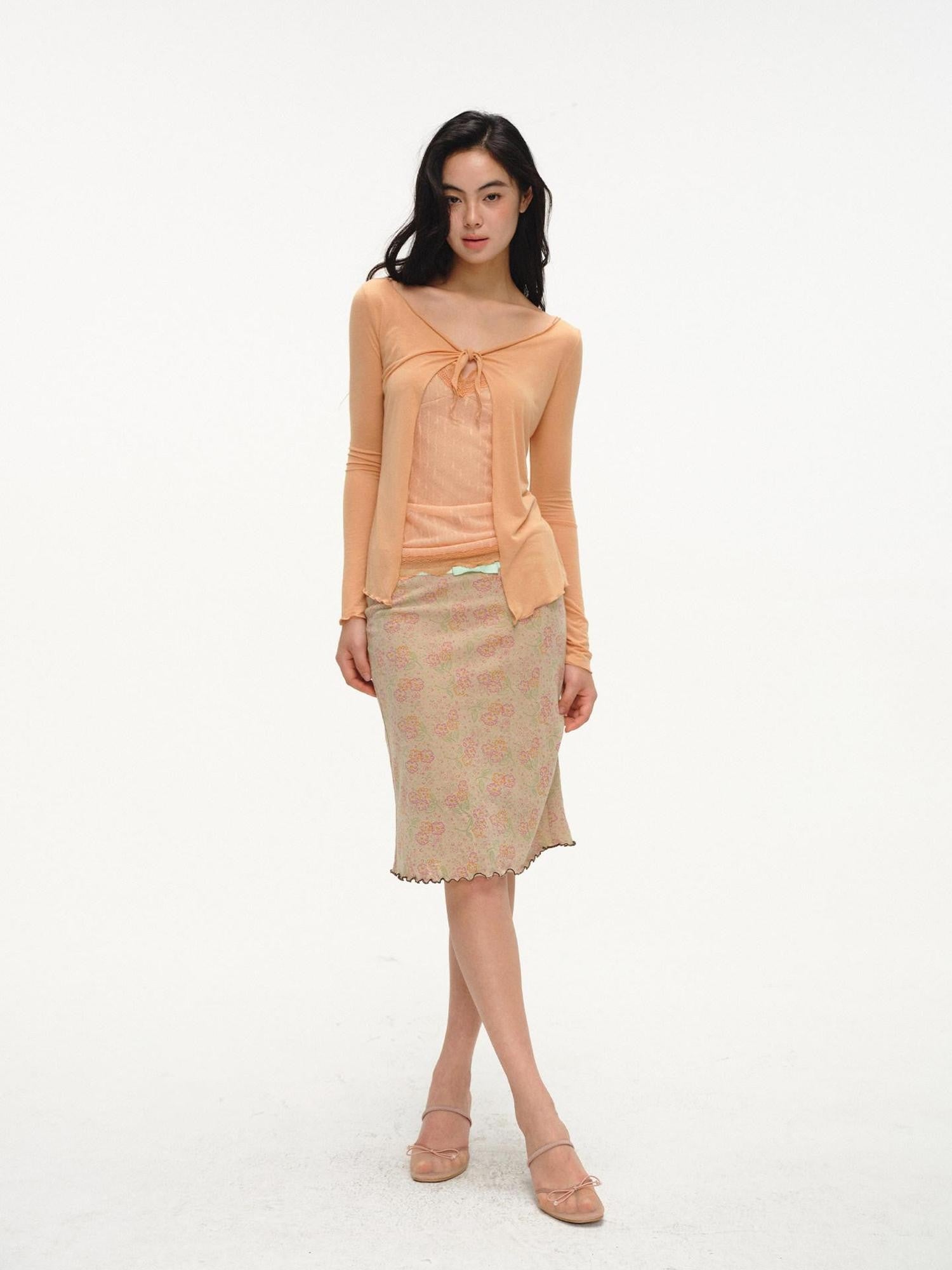 lvetong Orange Lace Splice Layered Two Piece Long Sleeve Cardigan Women&