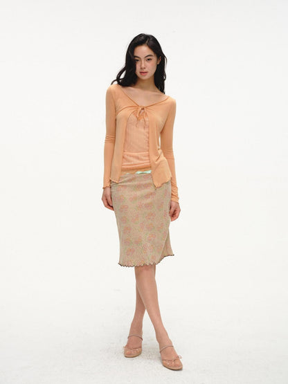 lvetong Orange Lace Splice Layered Two Piece Long Sleeve Cardigan Women&