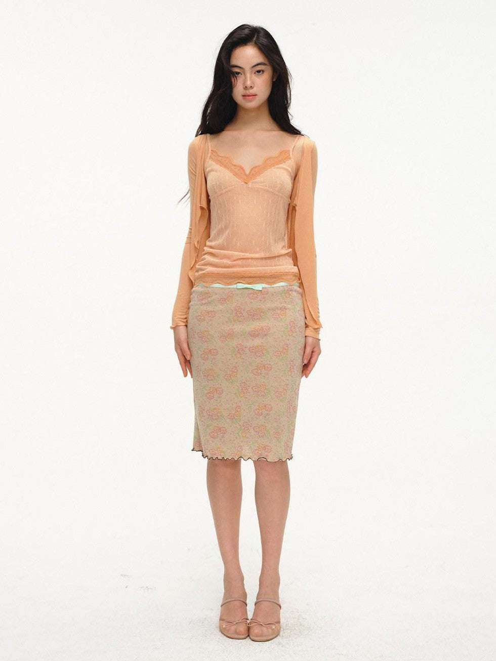 lvetong Orange Lace Splice Layered Two Piece Long Sleeve Cardigan Women&