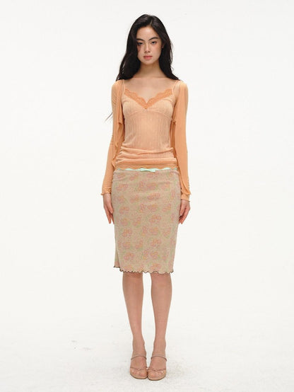 lvetong Orange Lace Splice Layered Two Piece Long Sleeve Cardigan Women&