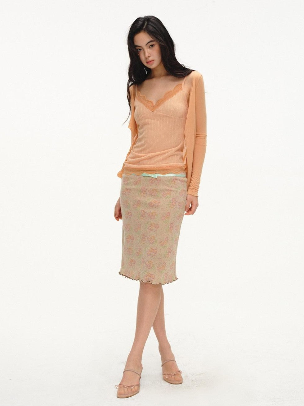 lvetong Orange Lace Splice Layered Two Piece Long Sleeve Cardigan Women&